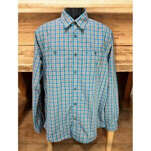 Orvis Mens Active Fit Plaid Button-Down Shirt Medium Blue/Orange Nylon/Polyester